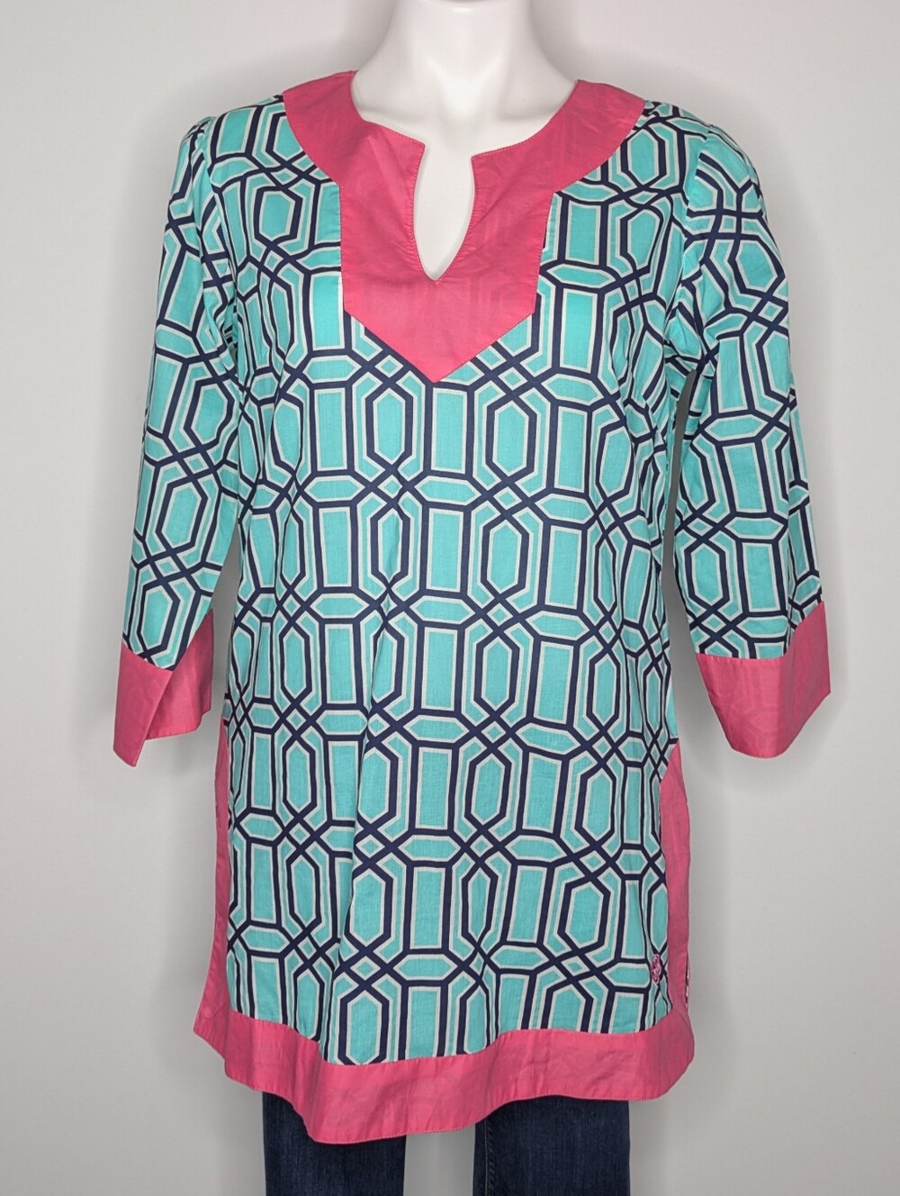 NWT Simply Southern Blue Pink Cotton Baklava Tunic Top M